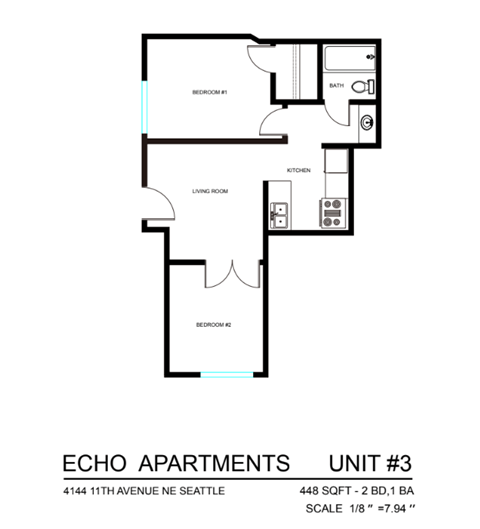 Floor plan for 2 beds, 1 bath, 451 sqft